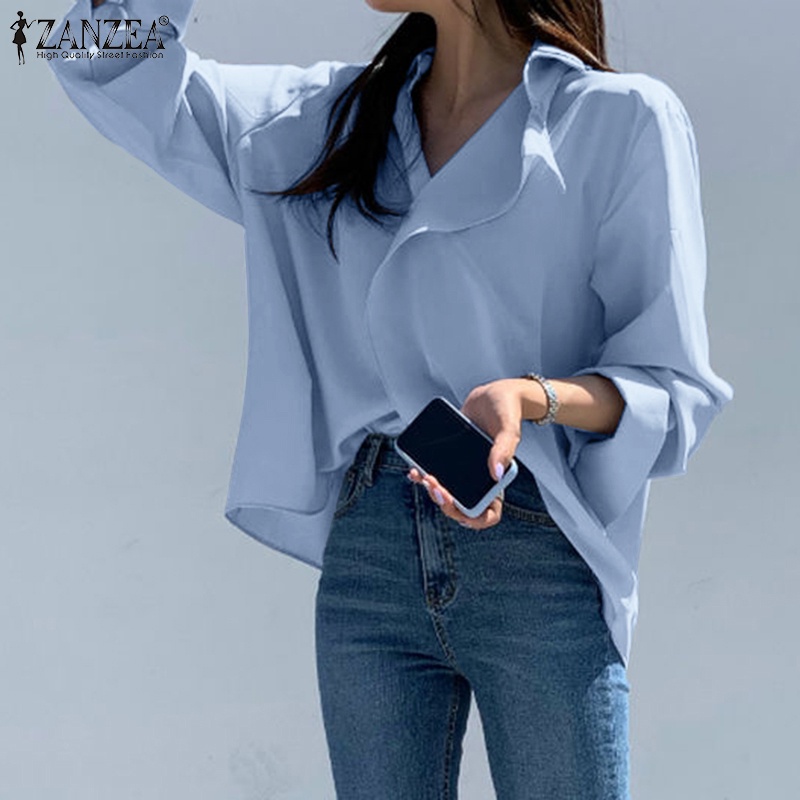 Áo kiểu ZANZEA dài tay cổ lật dáng rộng màu trơn đơn giản phong cách Hàn Quốc dễ phối đồ dành cho nữ