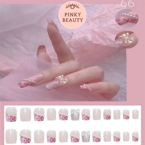 Bộ 24 Móng Giả Đính Đá Pinky Beauty Thời Trang Cá Tính Cho Nữ Mùa Lễ, Tết, Móng Tay Giả Kèm Keo Chính Hãng