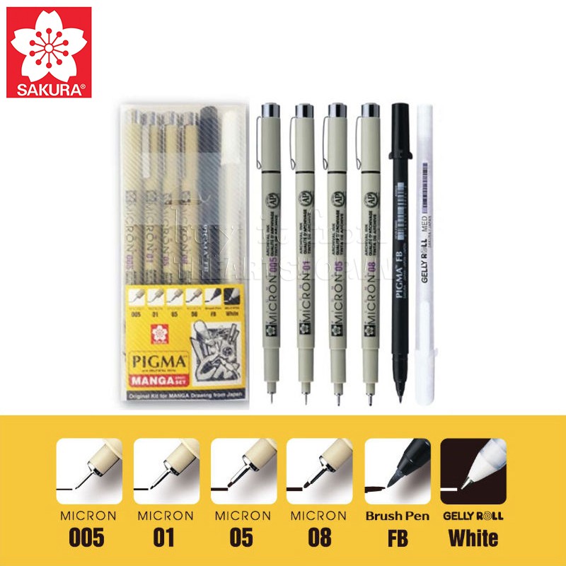 Bộ đi nét chuyên nghiệp SAKURA Pigma Manga Basic Set (micron 0.05/0.1/0.5/0.8/FB/gell trắng)