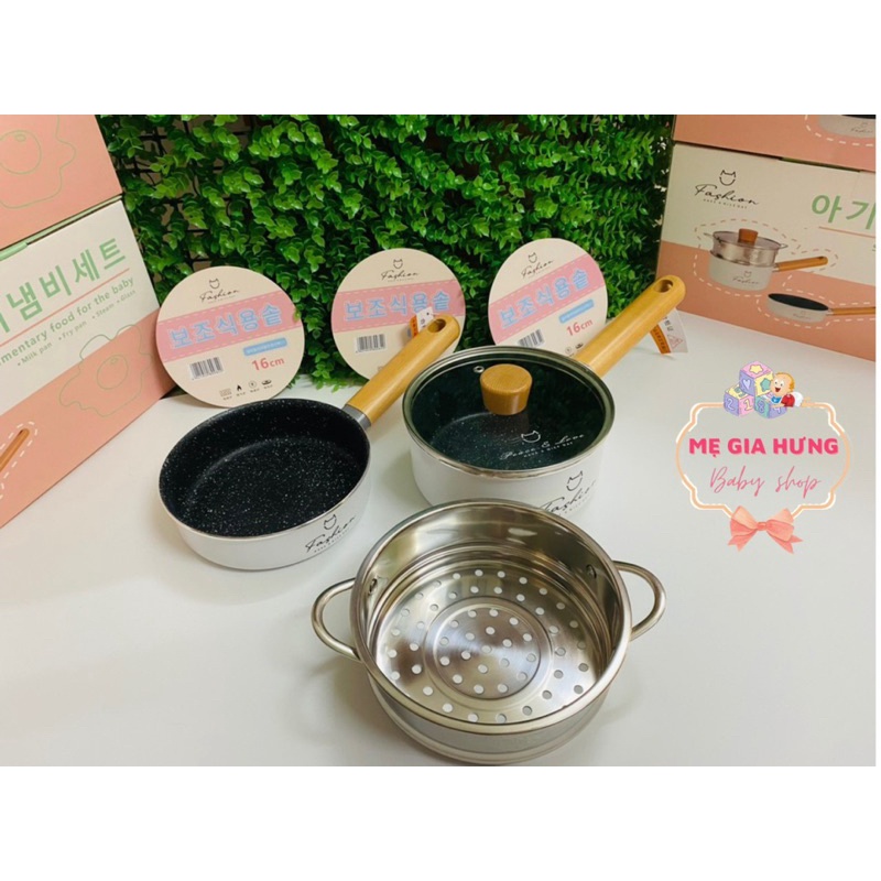 Bộ nồi chảo Fashion cao cấp xuất Hàn 16 cm kèm xửng hấp cho bé ăn dặm
