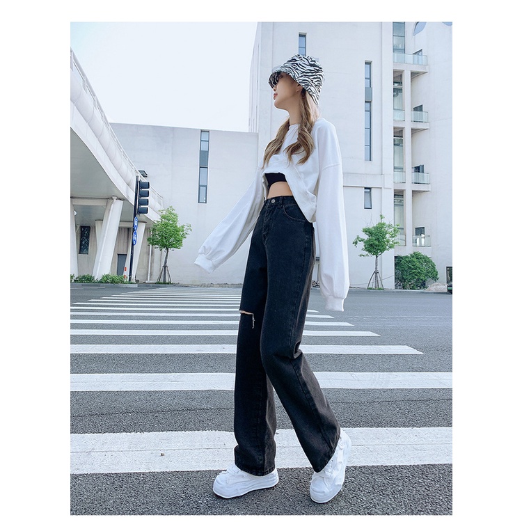 Quần dài jean bigsize ống suông lưng cao Ulzzang rách một gối QJ002