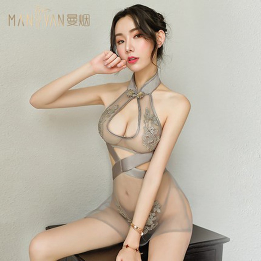 Bộ Đồ Ngủ Cosplay Sexy Cô Gái Thượng Hải, Sườn Xám Voan Thêu Xuyên Thấu Siêu Gợi Cảm - sxv002