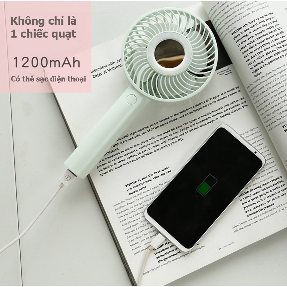 Quạt cầm tay MIRROR-FAN pin 1200 mAh có đèn LED và gương trang điểm thời gian sử dụng 200 phút