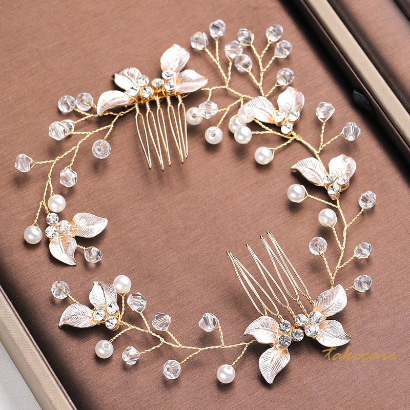 Flower Bride Wedding Hair Comb Leaf Crystal Hair Jewelry Headpieces Pearl Side Combs Bridal Decorative Hair Accessories