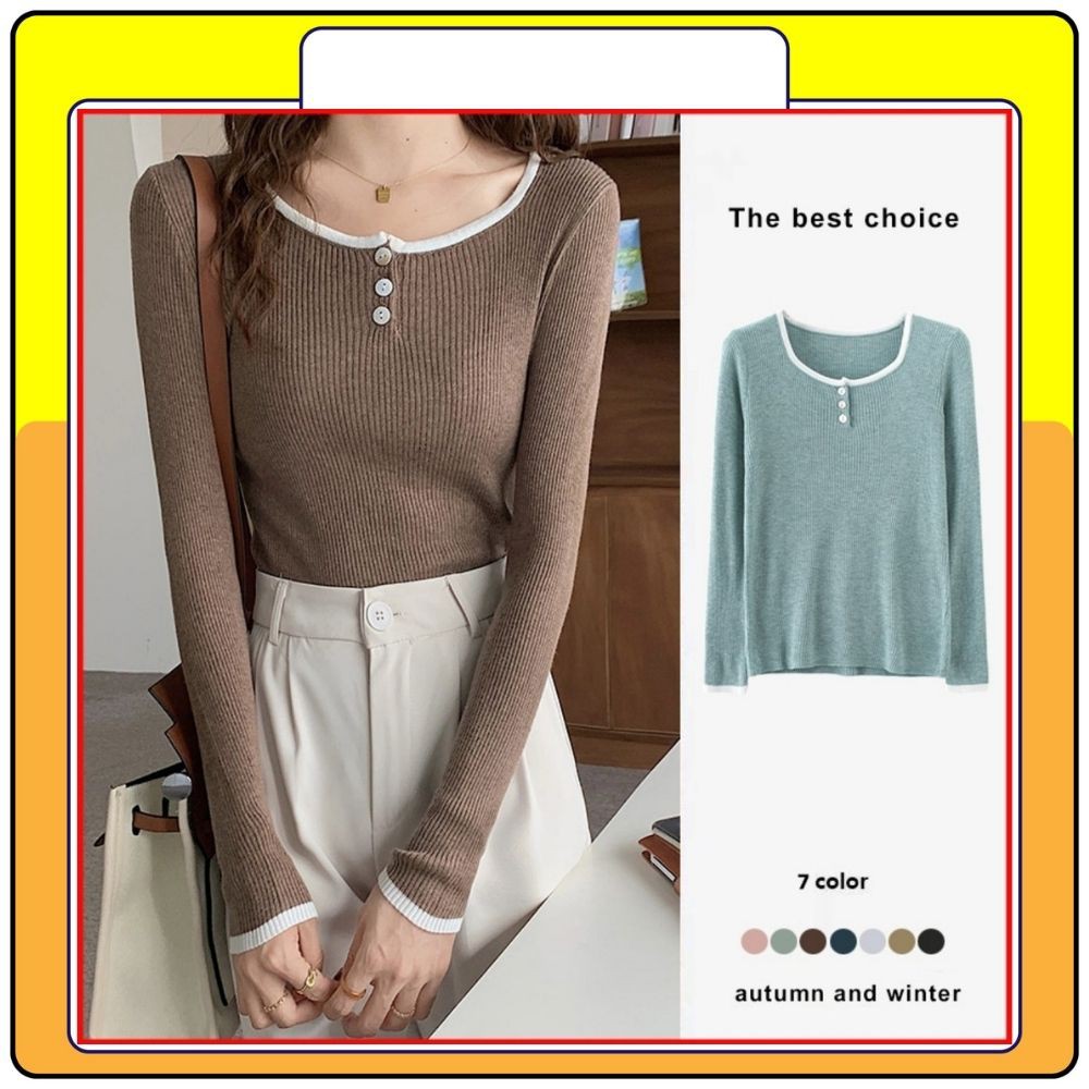 Áo sweater tay dài cổ tròn body nữ, áo len cúc nhiều màu nữ thời trang Queenshop