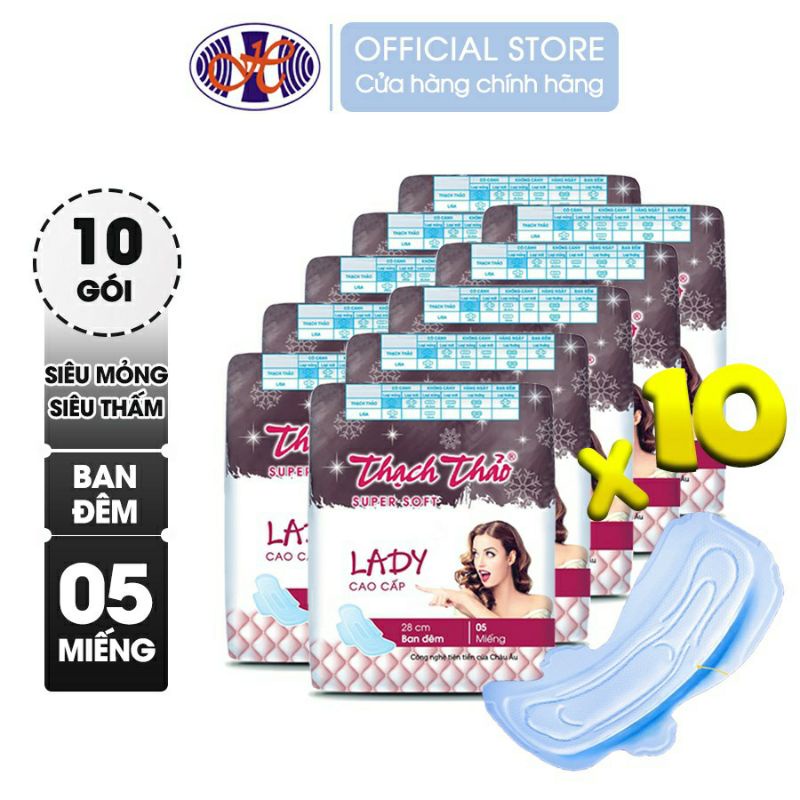 [ COMBO 10 GÓI ] Băng vệ sinh ban đêm Thạch Thảo Lady 28cm thấm hút và kháng khuẩn – Gói 5 miếng