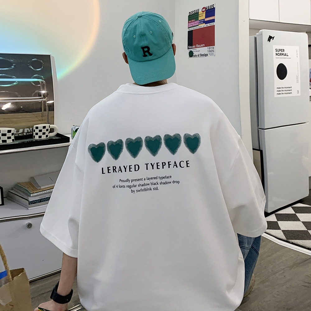 Áo Thun Mỏng Tay Ngắn Dáng Rộng In Hình Trái Tim Màu Xanh Dương Kích Thước Lớn 8XL Phong Cách Hàn Quốc Cho Nam Giới