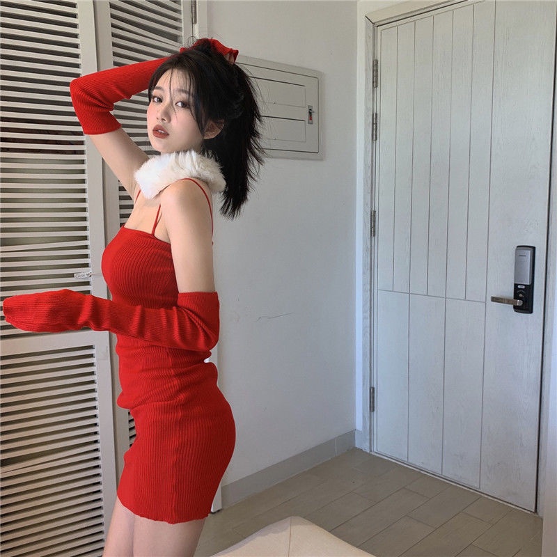 Đầm dệt kim hai dây màu đỏ thời trang thu đông dành cho nữ