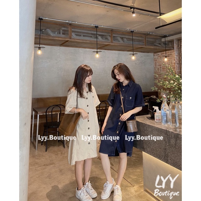 Váy sơ mi dáng ULZZANG đuôi tôm suông tay cộc chất đũi linen, Đầm sơmi viền chỉ nổi oversize LYY BOUTIQUE