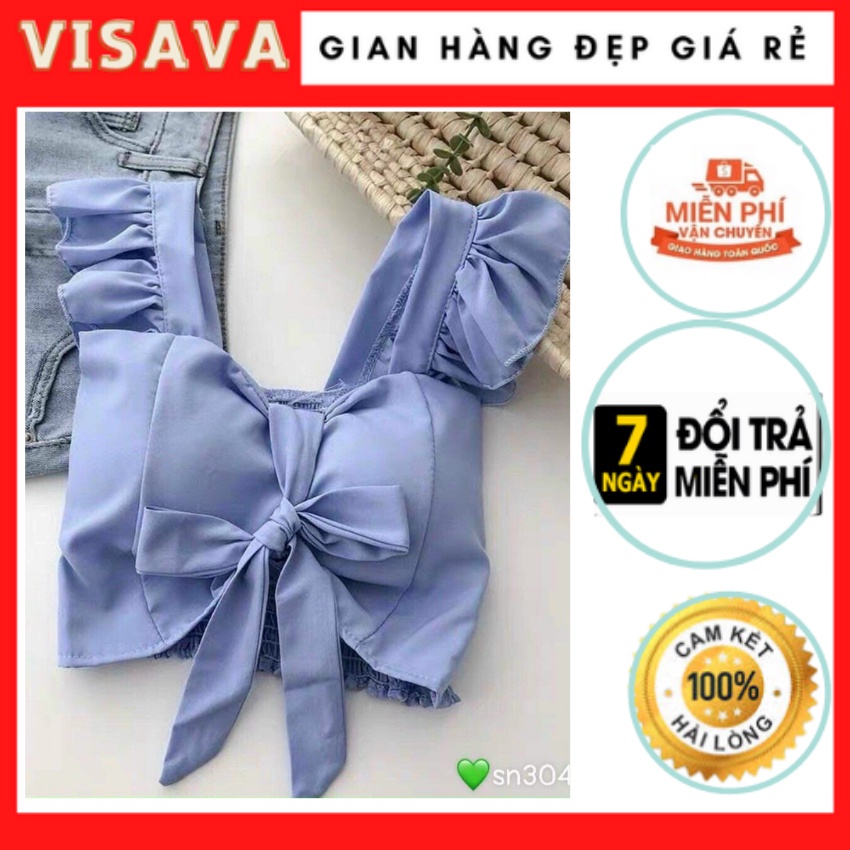 [ÁO KIỂU CÁNH TIÊN] Áo Croptop Voan Dây Phối Bèo - Nơ Ngực Nhều Màu Gợi Cảm - Visava.clothing