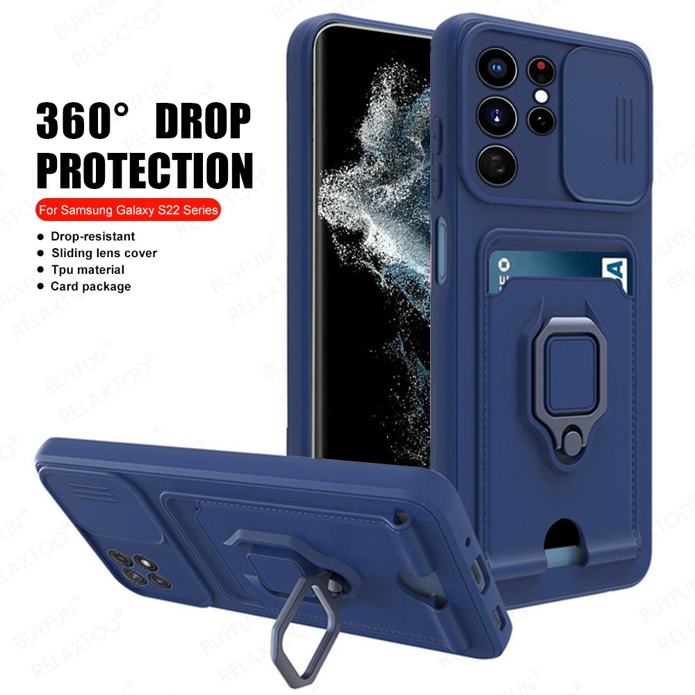 Samsung Galaxy S 22 S22 Ultra Plus Wallet Card Slot Cover S22Ultra Magnetic Ring Stand Coque TPU Slide Protect Case