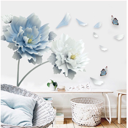Decal dán tường trang trí - Hoa trắng xanh cùng bướm