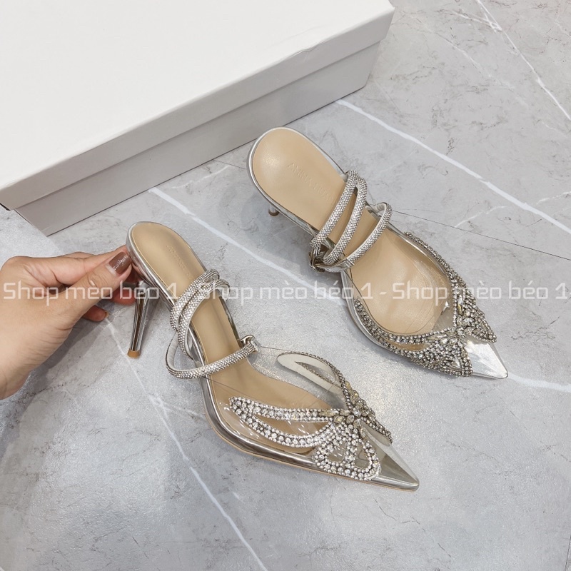 Sandal cao gót mica mũi nhọn viền nơ đá chéo gót nhọn fullbox hàng quảng châu cao cấp