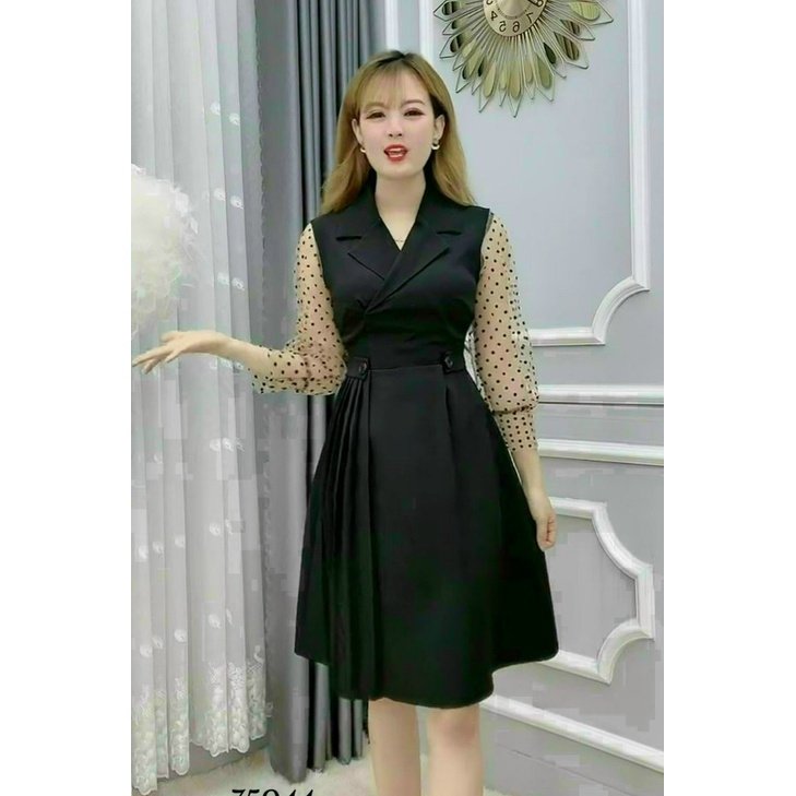 Đầm Đen Phối Ren Chấm Bi