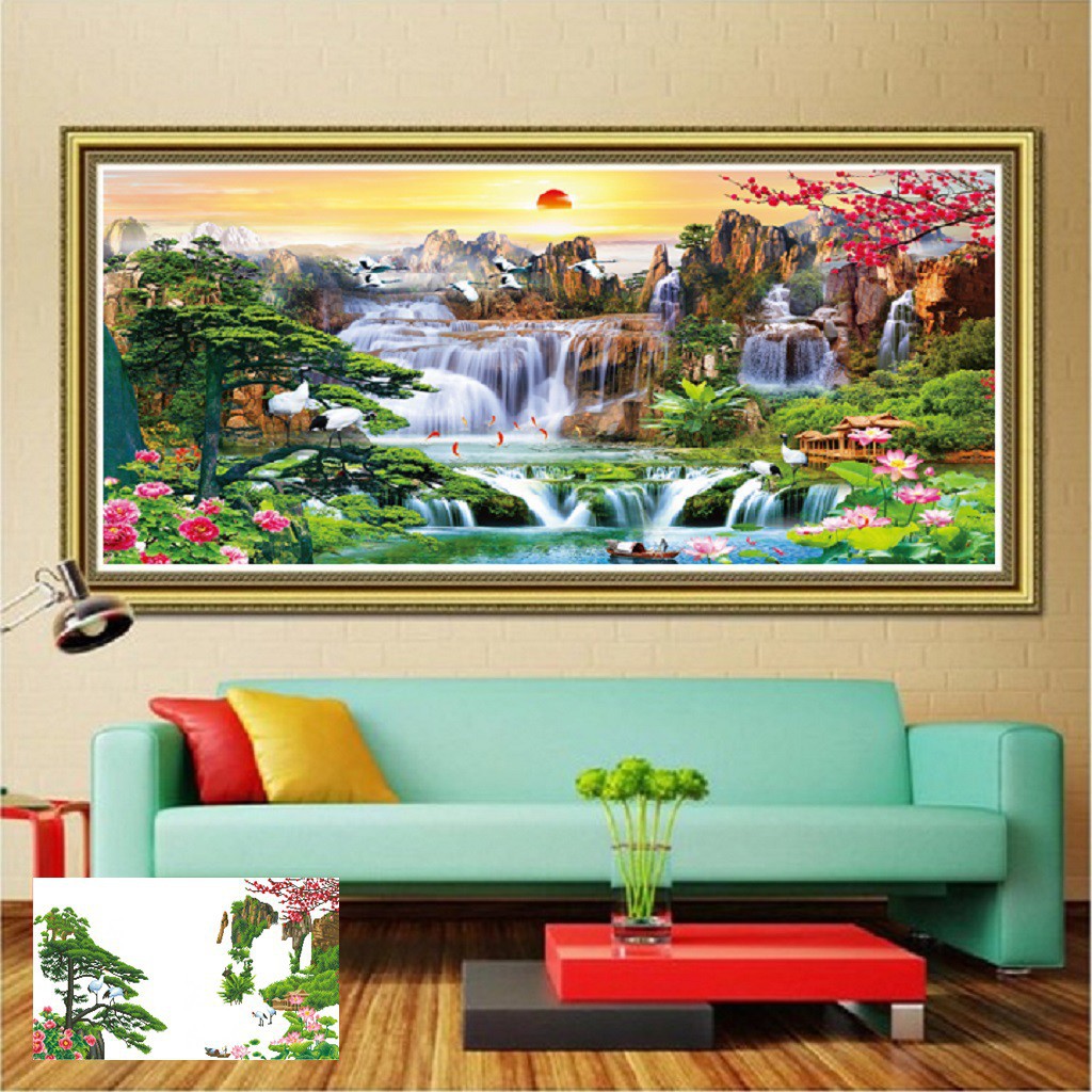 Tranh đính đá Phong cảnh khổ lớn Lưu Thủy Sinh Tài KT:120×60cm-200×100cm