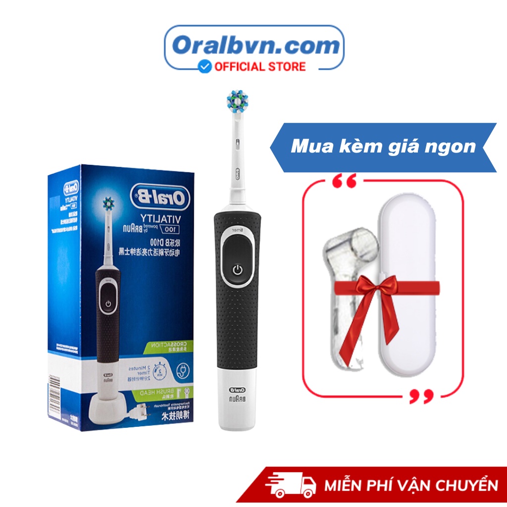 Bàn chải điện đánh răng tự động Oral B D100 đen làm sạch răng, hạn chế viêm nướu kèm hộp nắp