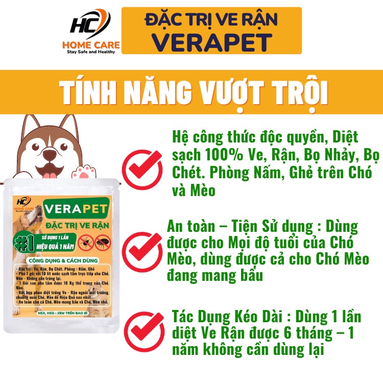 Thuốc Tắm Trị Ve, Rận, Bọ Chét Cho Chó Mèo VERAPET An Toàn Hiệu Quả 1 Năm - Home Care