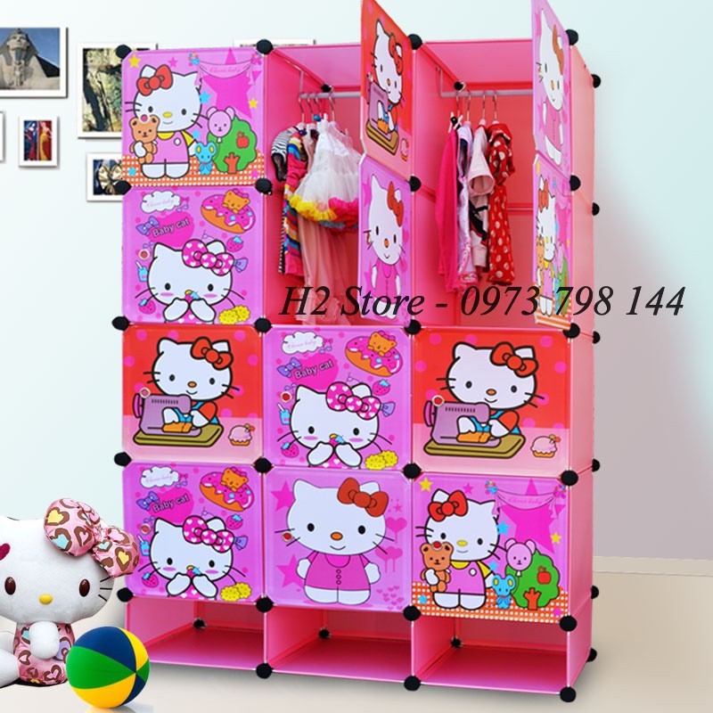 [CÓ ẢNH THẬT] TỦ NHỰA LẮP GHÉP 12 Ô &amp; 3 GIÀY MÀU HỒNG HÌNH KITTY ĐỂ ĐỒ ĐA NĂNG THÔNG MINH sâu 47cm
