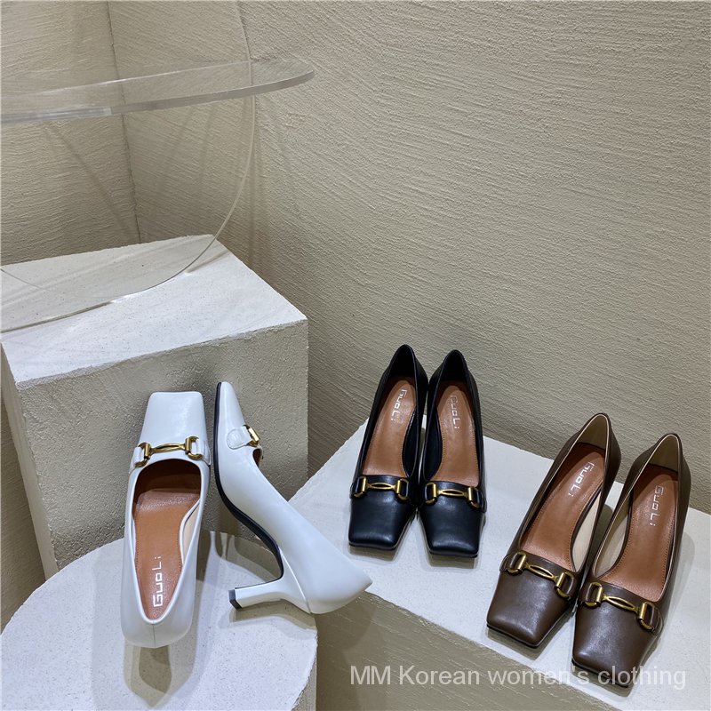 Giày cao gót mũi vuông phong cách retro Pháp thời trang cho nữ 2021