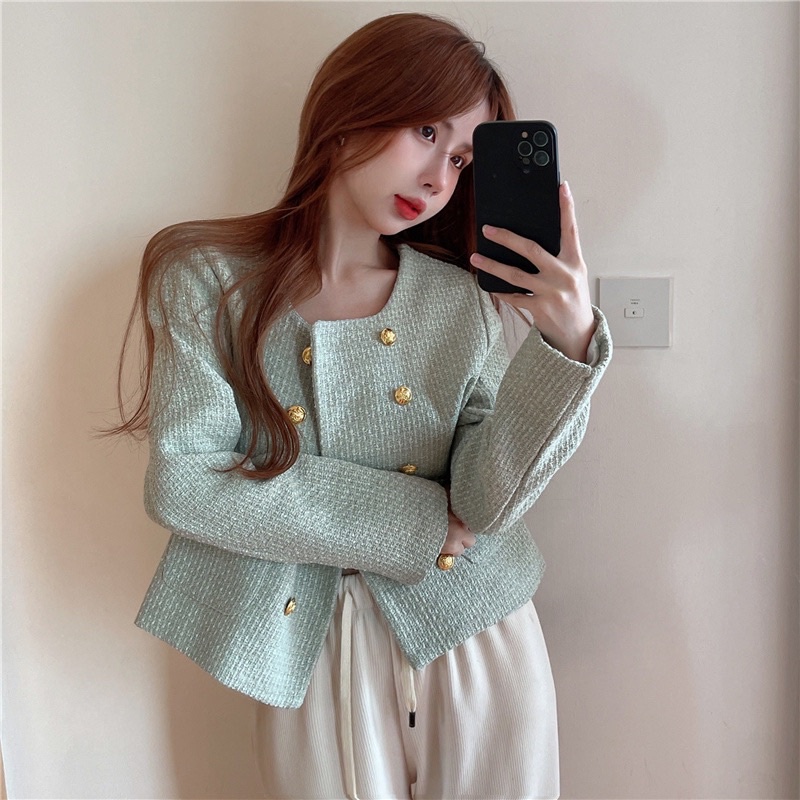Áo dạ tweed trơn cổ tròn, 2 túi vuông, hàng cúc vàng nổi bật (có ảnh thật)