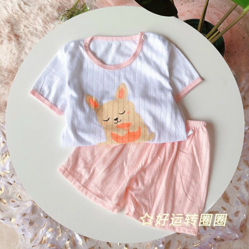 BỘ COTTON GIẤY CỘC TAY PHỐI HÌNH NGHỘ NGHĨNH CHO BÉ 6-15 KG