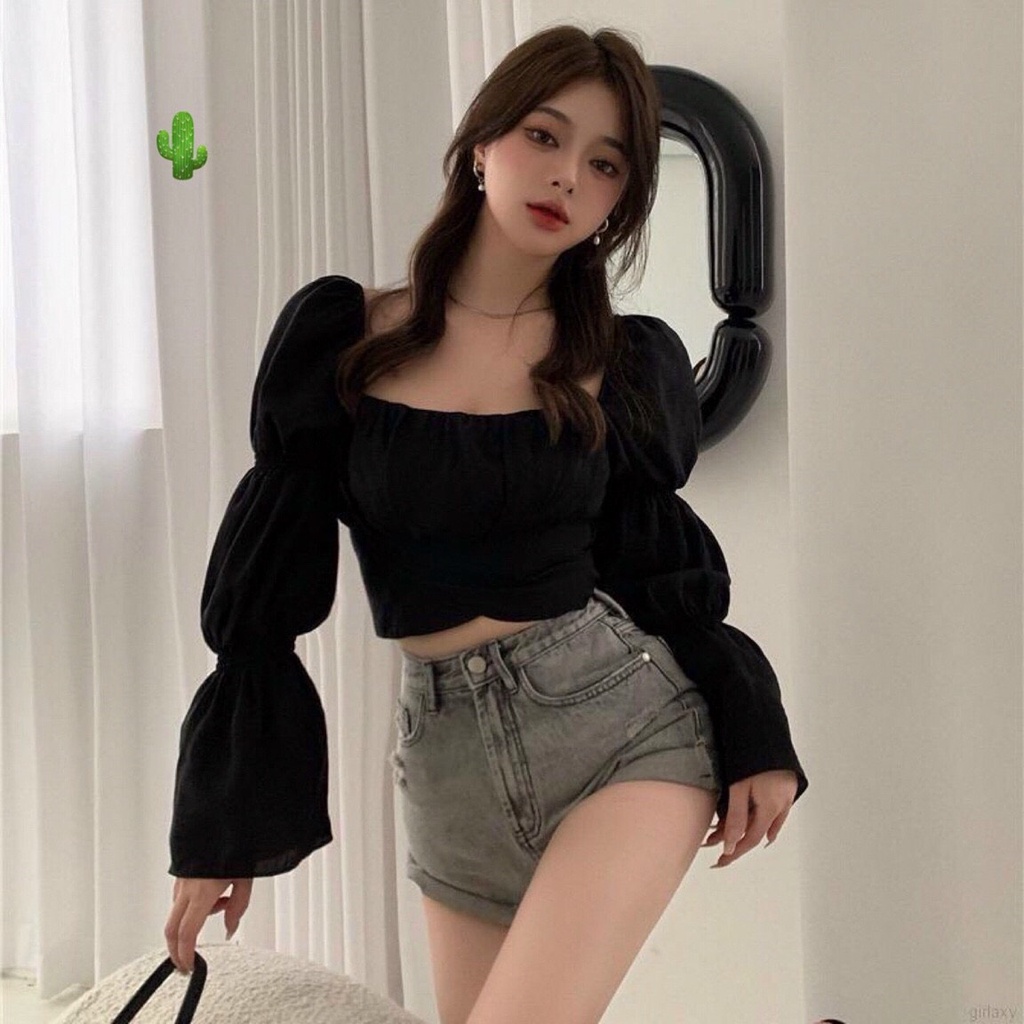 Áo croptop cổ vuông tay nhún, cột nơ sau lưng siêu cute