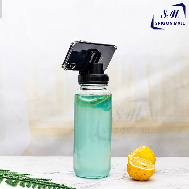 Bình thủy tinh đựng nước túi vải 1000ml NẮP RÓT VÀ QUAI XÁCH có giá đỡ điện thoại