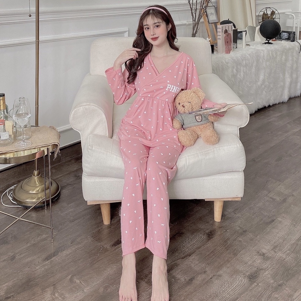Bộ bầu - bộ sau sinh mặc nhà - cho con bú - 2 chức năng - chất liệu cotton ( Fink chéo - Dài )