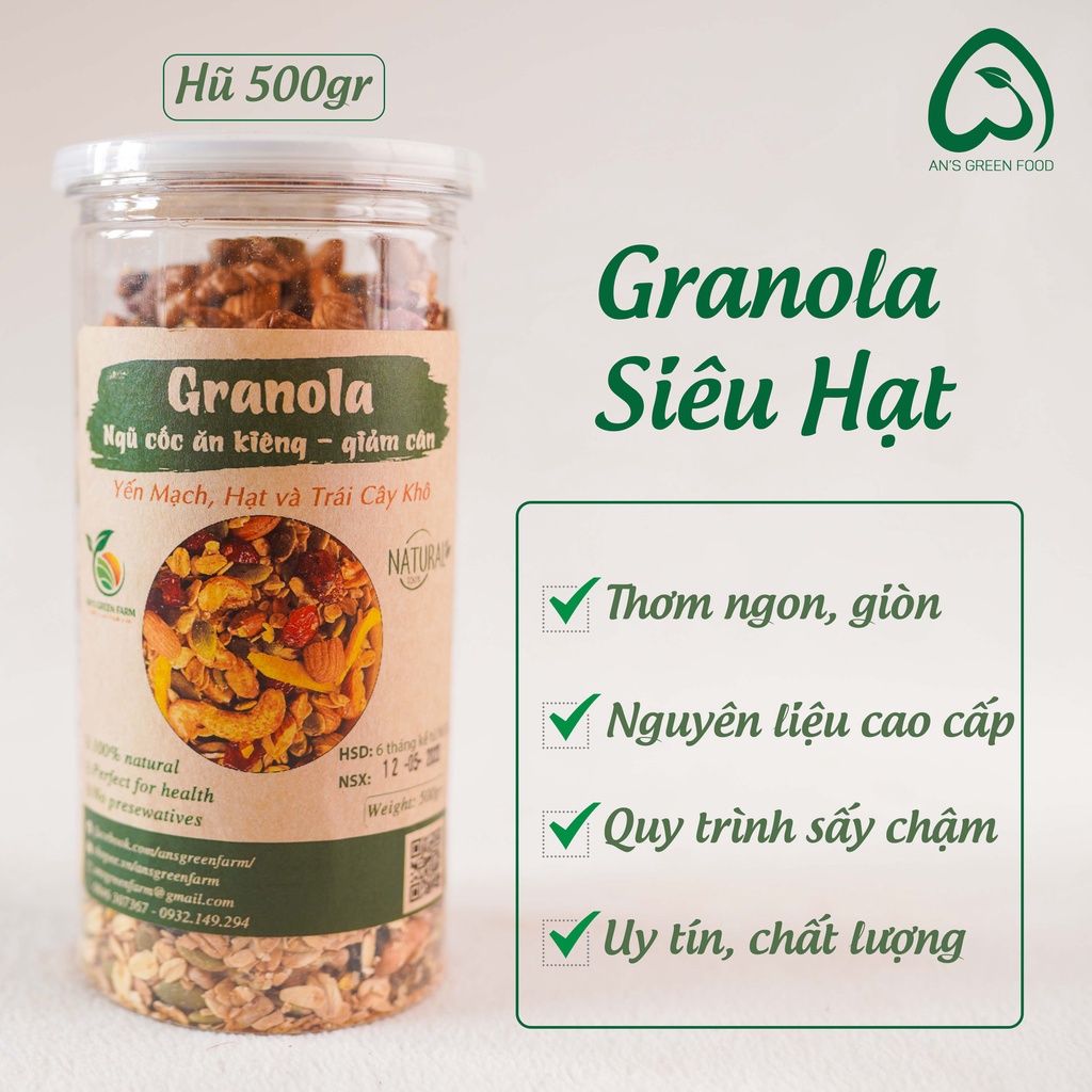 Granola Cao Cấp 500gr - Ngũ Cốc Hạt & Trái Cây Khô Siêu Hạt  - An's Green Farm