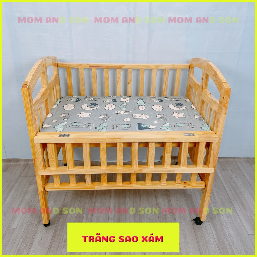 (BỘ 3 SP TẶNG 1 SP)Giường Cũi cho Bé MOM AND SON Kích Thước(80x130x96cm) Gỗ Thông Xuất Khẩu BH 12 Tháng