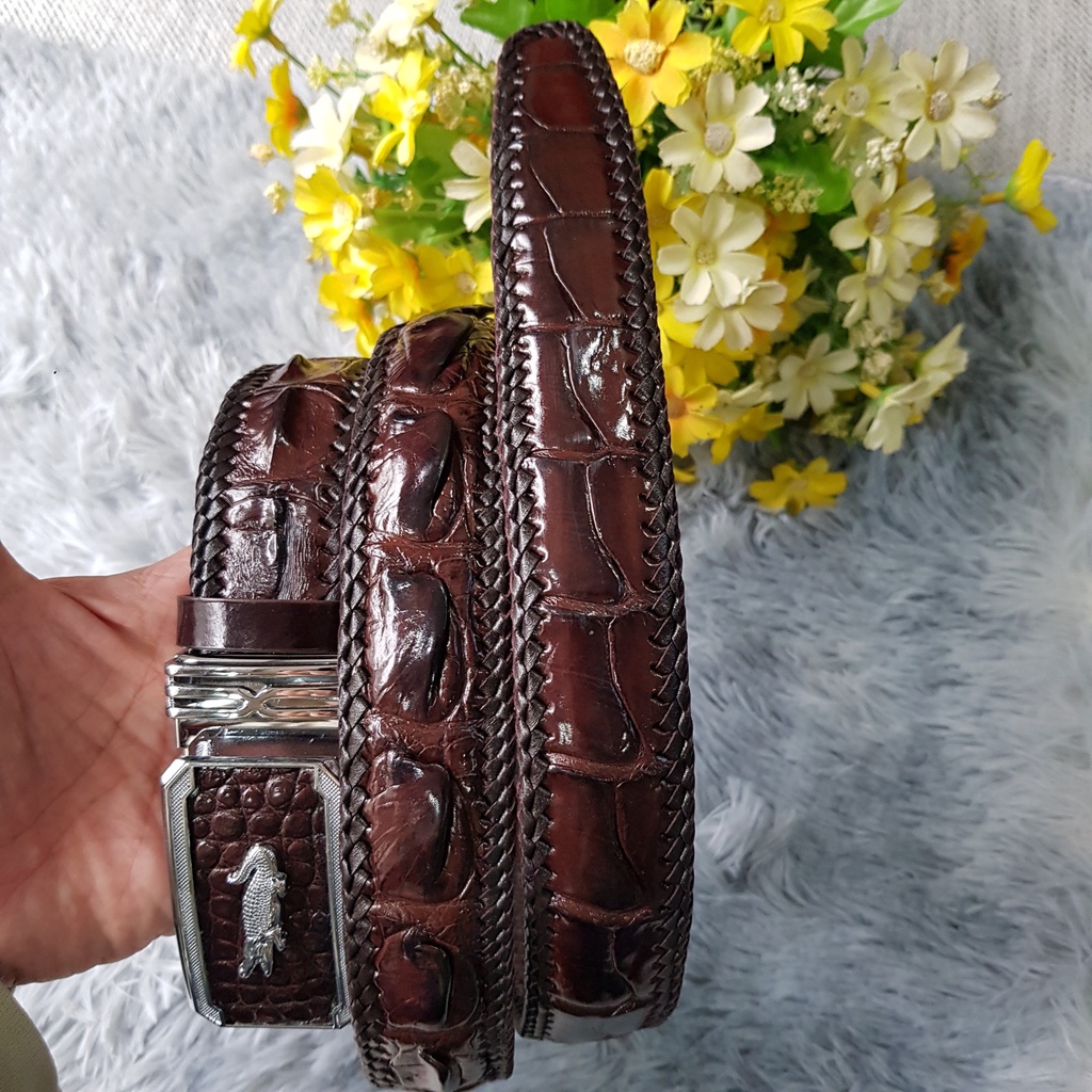 Dây Lưng Da Cá Sấu Đan Viền 3.5 Cm I Dây Lưng Da Cá Sấu Gù Lưng, Liền Nguyên Con Không Nối, Màu Nâu I Bảo Hành 24 Tháng