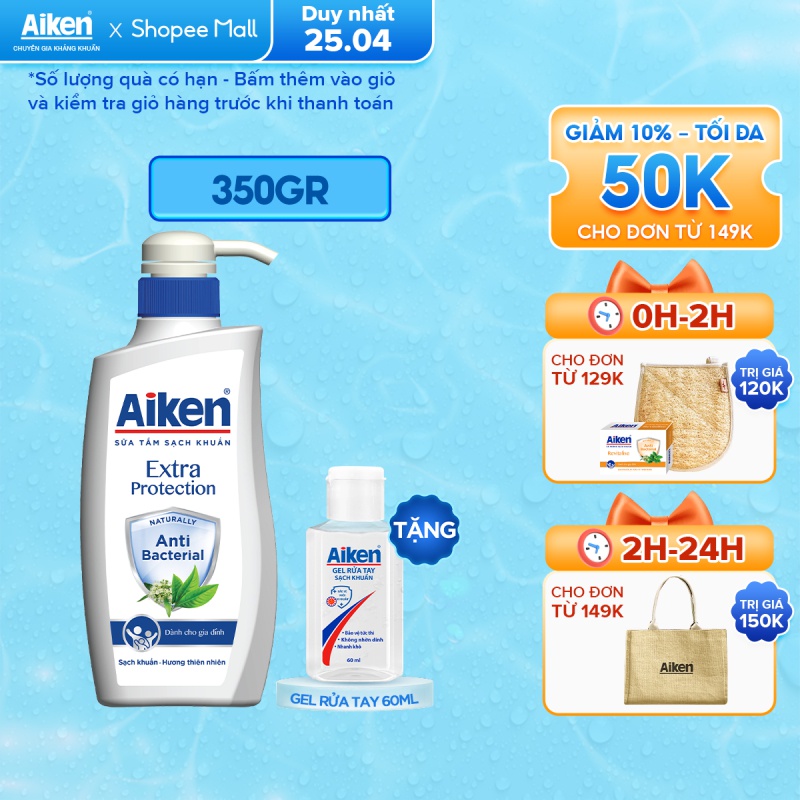 [Mã COSBDAG5 giảm 8% đơn 150k] Aiken Sữa tắm Sạch khuẩn Chiết Xuất Trà Xanh Thiên Nhiên 350g - Tặng Gel rửa tay 60ml