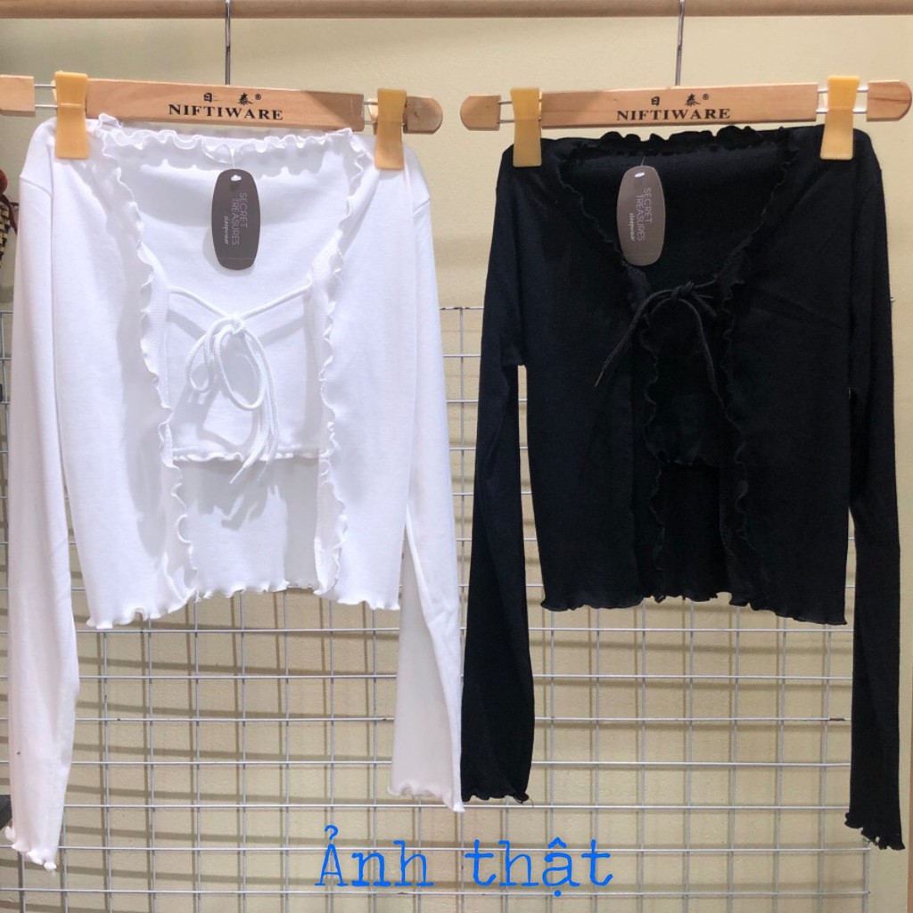 Sp hot -  SET CARDIGAN TĂM MỎNG + ÁO QUÂY NỮ ĐEN TRẮNG - CROPTOP THIẾT KẾ DÂY VIỀN BÈO TIỂU THƯ Ulzzang - SET ÁO KHOÁC C