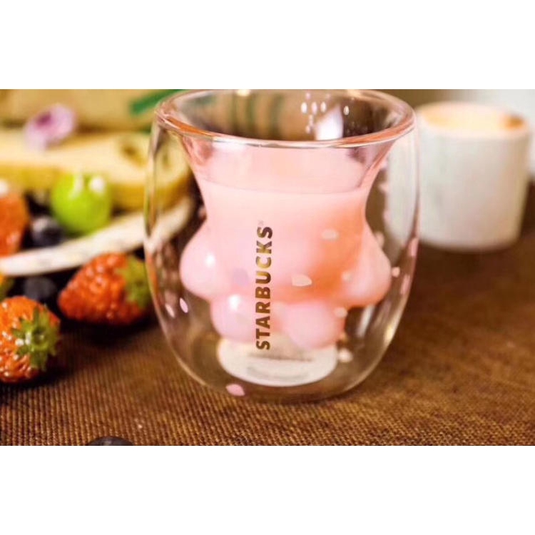 Cốc thủy tinh Starbucks hình bàn chân mèo màu hồng Sakura