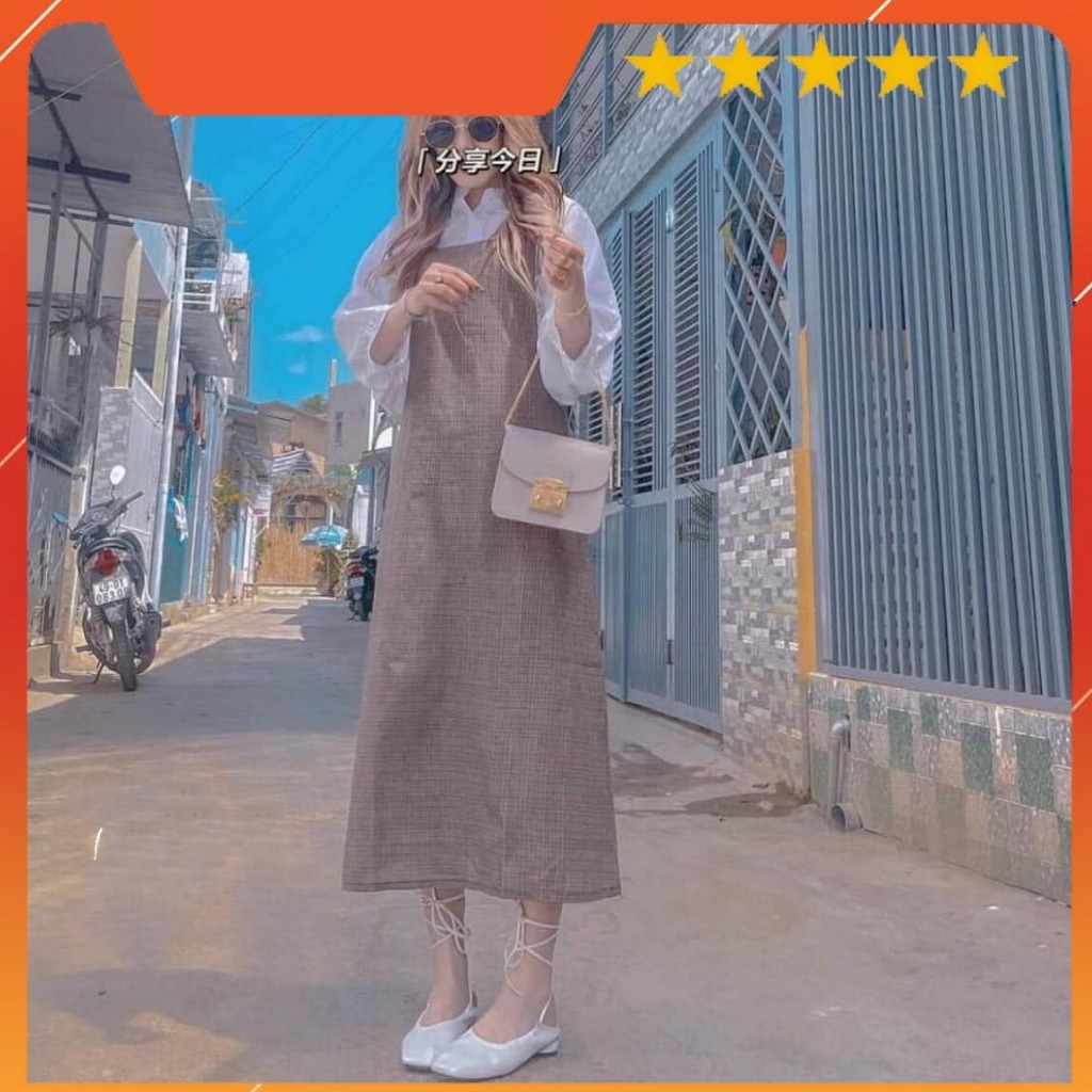 Sét váy yếm kẻ nâu dáng dài kèm sơ mi tay bồng siêu xinh, dễ thương (kèm video/ảnh thật) Xưởng Sỉ Nguyễn Hoa