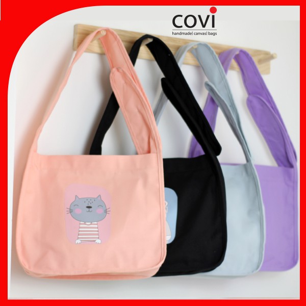 Túi Tote Đeo Chéo, Đeo Vai, Vải Canvas, Vải Bố Quai Liền Phối 3 hạt nút Thương Hiệu COVI Màu hồng, đen, xanh