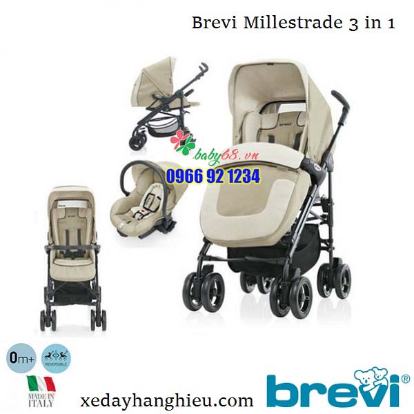 Bộ xe đẩy trẻ em Brevi Millestrade 3 trong 1 BRE-751 - Làm xe đẩy em bé, ghế ngồi ô tô, nôi xách tay em bé