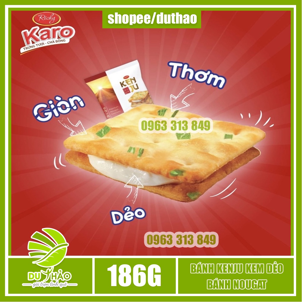 Bánh kenju kem dẻo túi 186g (12 gói x15.5g), bánh Richy ăn sáng, bánh nougat hành