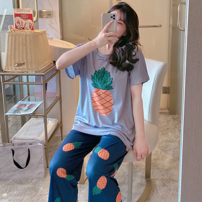 Bộ Đồ Ngủ Ngắn Tay Dáng Rộng In Trái Dứa Xinh Xắn Thời Trang Mùa Hè Cho Nữ