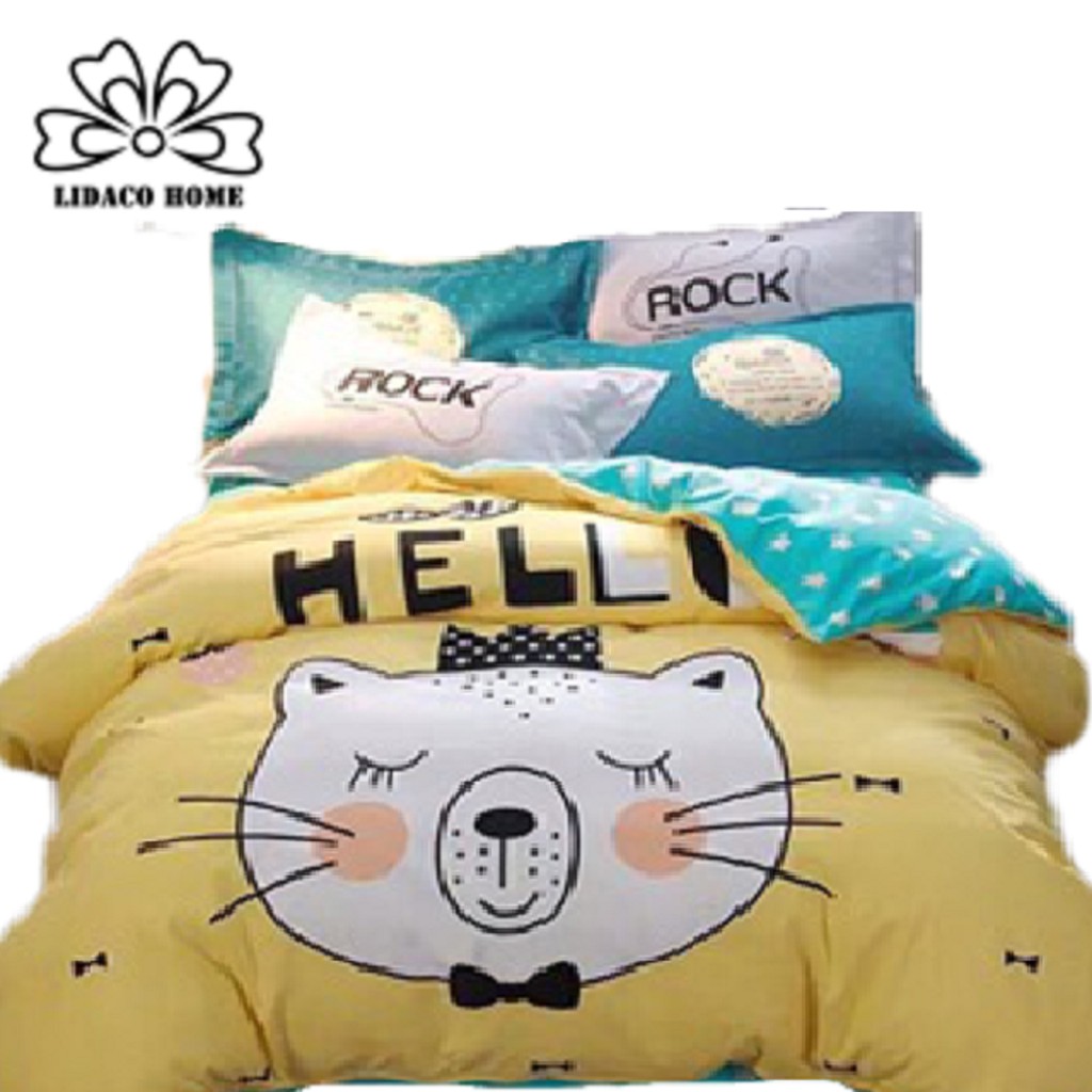 Bộ Chăn Ga Gối Cotton TiNa 3D LIDACO - Mèo vàng