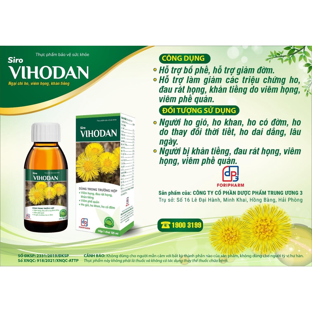 SIRO VIHODAN Giảm Các Triệu Chứng Ho, Đau Rát Họng - 125ML