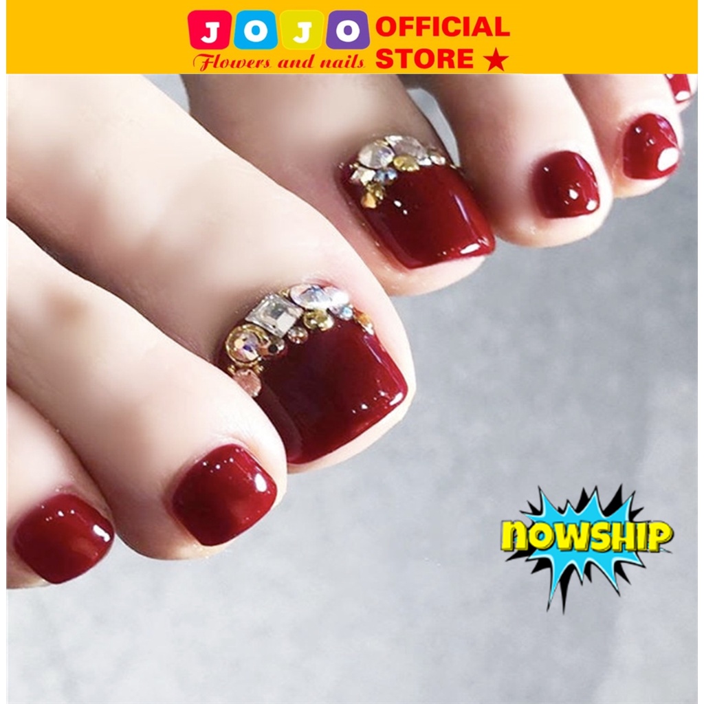 Bộ 24 móng chân giả đỏ rượu vang đính đá sang chảnh J17 Jojo móng giả móng úp rẻ đẹp cá tính kèm keo gắn tự làm tại nhà