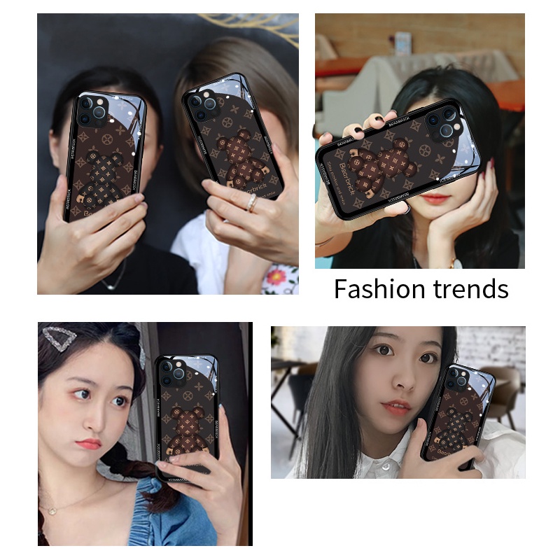 Ốp Điện Thoại Mặt Kính Viền Thẳng Họa Tiết Gấu Hoạt Hình Cho iPhone 13 12 11 Pro Max Promax XS Max XR X 7 Plus 8 8Plus