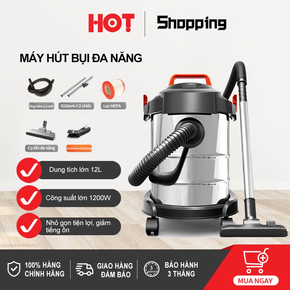 Máy hút bụi gia đình, công nghiệp công suất lớn 1200W, dung tích 12L tích hợp 3 chế độ Khô- Ướt- Thổi.- Bảo hành 3tháng