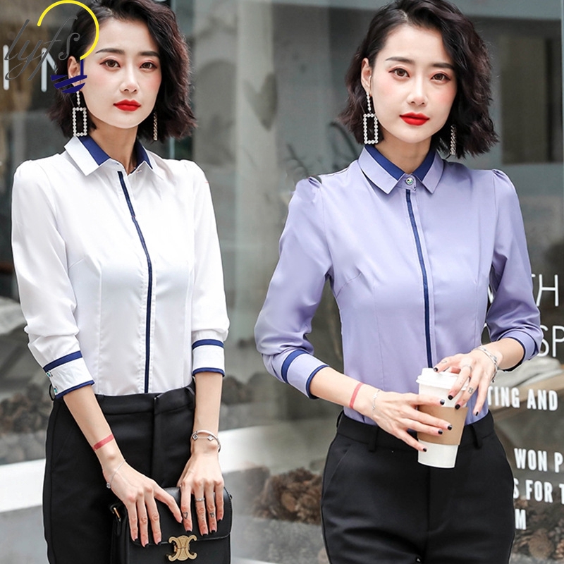 Áo sơ mi Polyester tay dài phong cách Hàn Quốc cổ Polo thanh lịch trẻ trung cho nữ