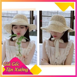 Nón cói, mũ cói mềm móc tay dây ren buộc cổ