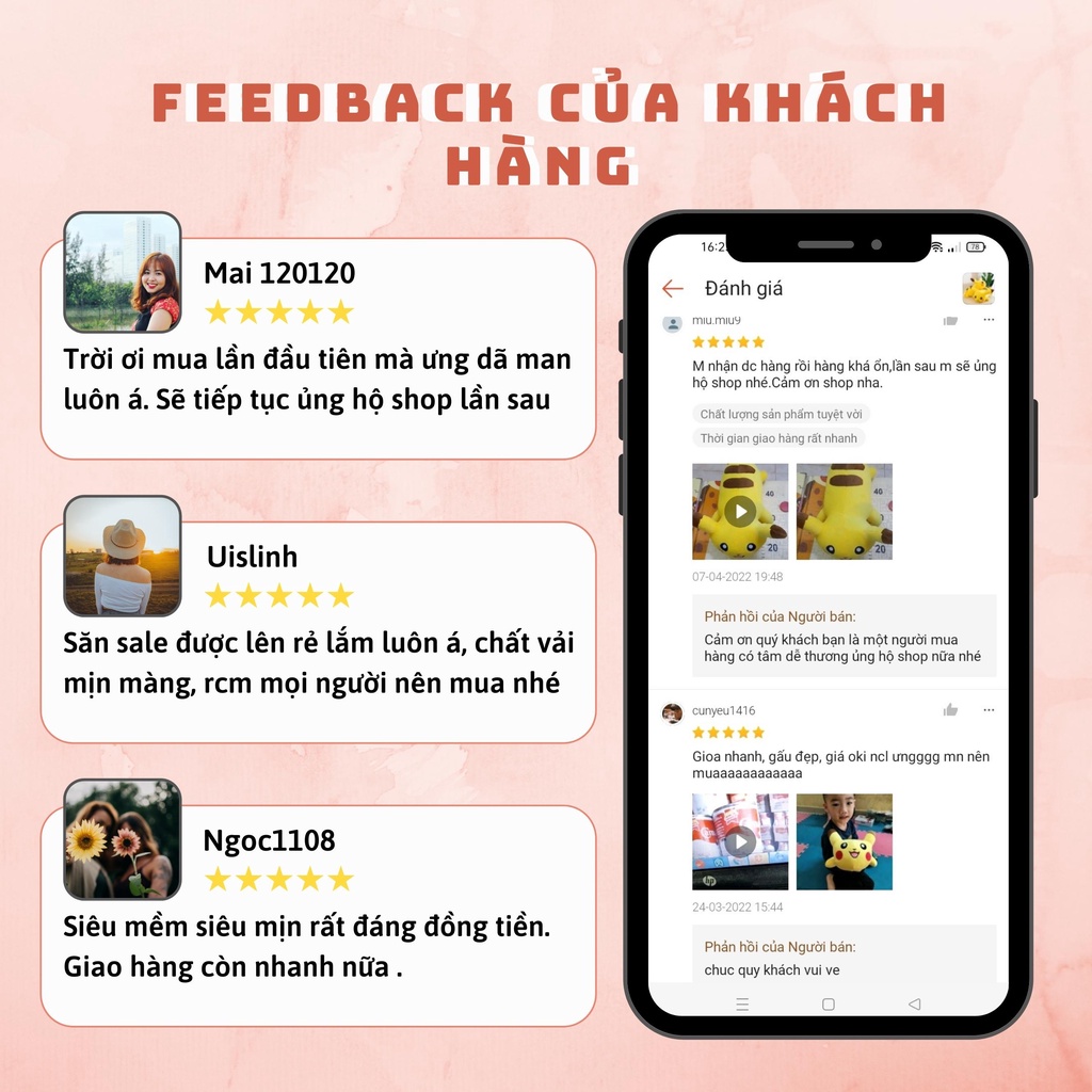Gấu Bông Pikachu - Pikachu nhồi bông  siêu đáng yêu - vải nhung mịn màng co dãn