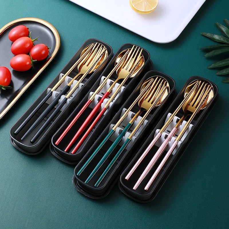 Bộ đũa thìa văn phòng , hộp đựng đũa muỗng inox 304 mạ vàng