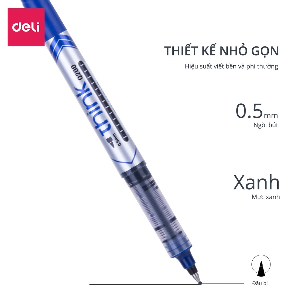 Bút ký mực gel màu xanh ngòi 0.5mm Deli nhanh khô nét viết đều đẹp lâu hết mực thân bút trong suốt kiểm tra lượng mực