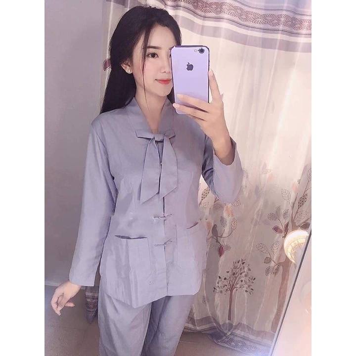 Bộ Đi Lễ Chùa - Bộ phật tử Mẫu La Hán Nơ dài tay vải Kate mịn không nhăn, Trang phục Đồ lam đi chùa giản dị kín đáo